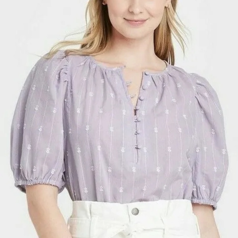Universal Thread Women's Puff Elbow Sleeve Button-Down Blouse Purple‎